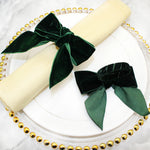 Détail du nœud papillon en velours vert sur serviette