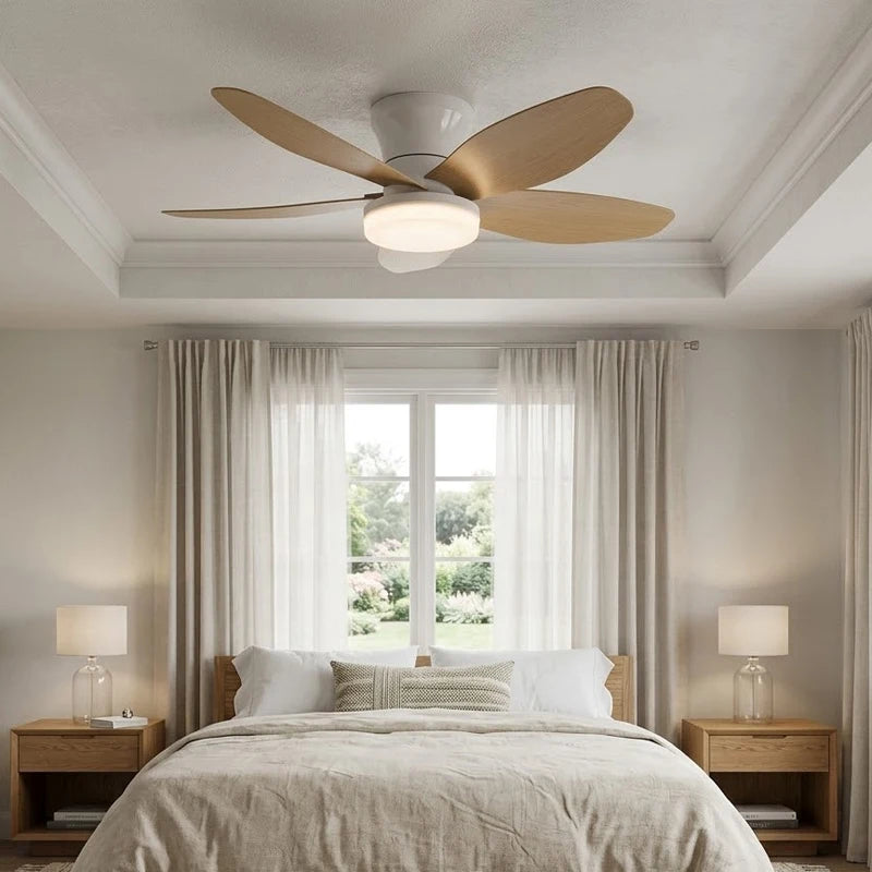 ventilateur blanc bois moderne lampe led télécommande vitesses silencieux chambre salon