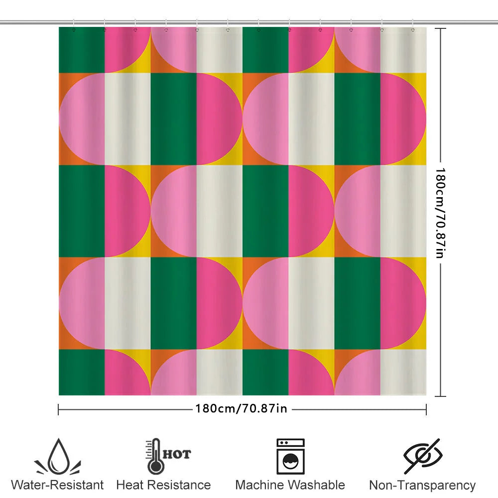 rideau douche moderne géométrique vert rose jaune blanc anneaux fixation 150x180cm