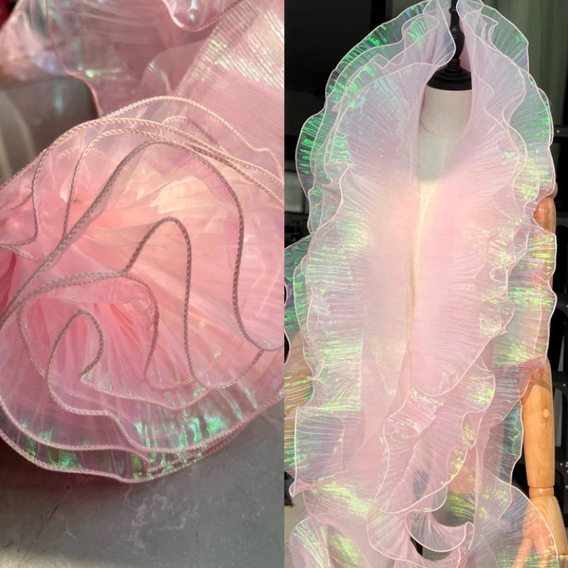 tissu voile semi transparent rose pâle vert iridescent moderne élégant rayures fines dentelle polyester