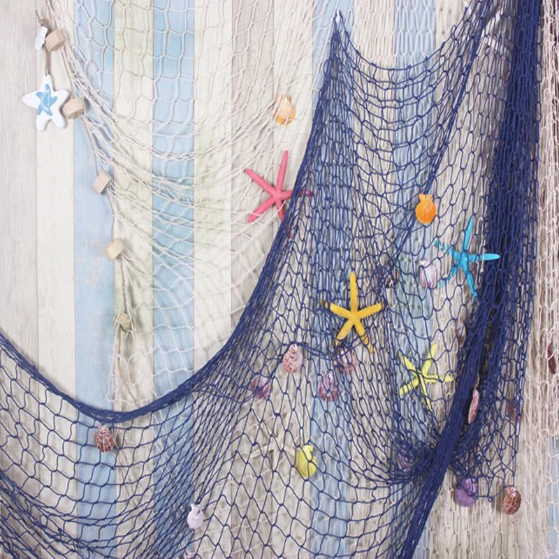 filet pêche mur blanc bleu marine coquillages étoiles mer décoratif clips nautique maison artisanat