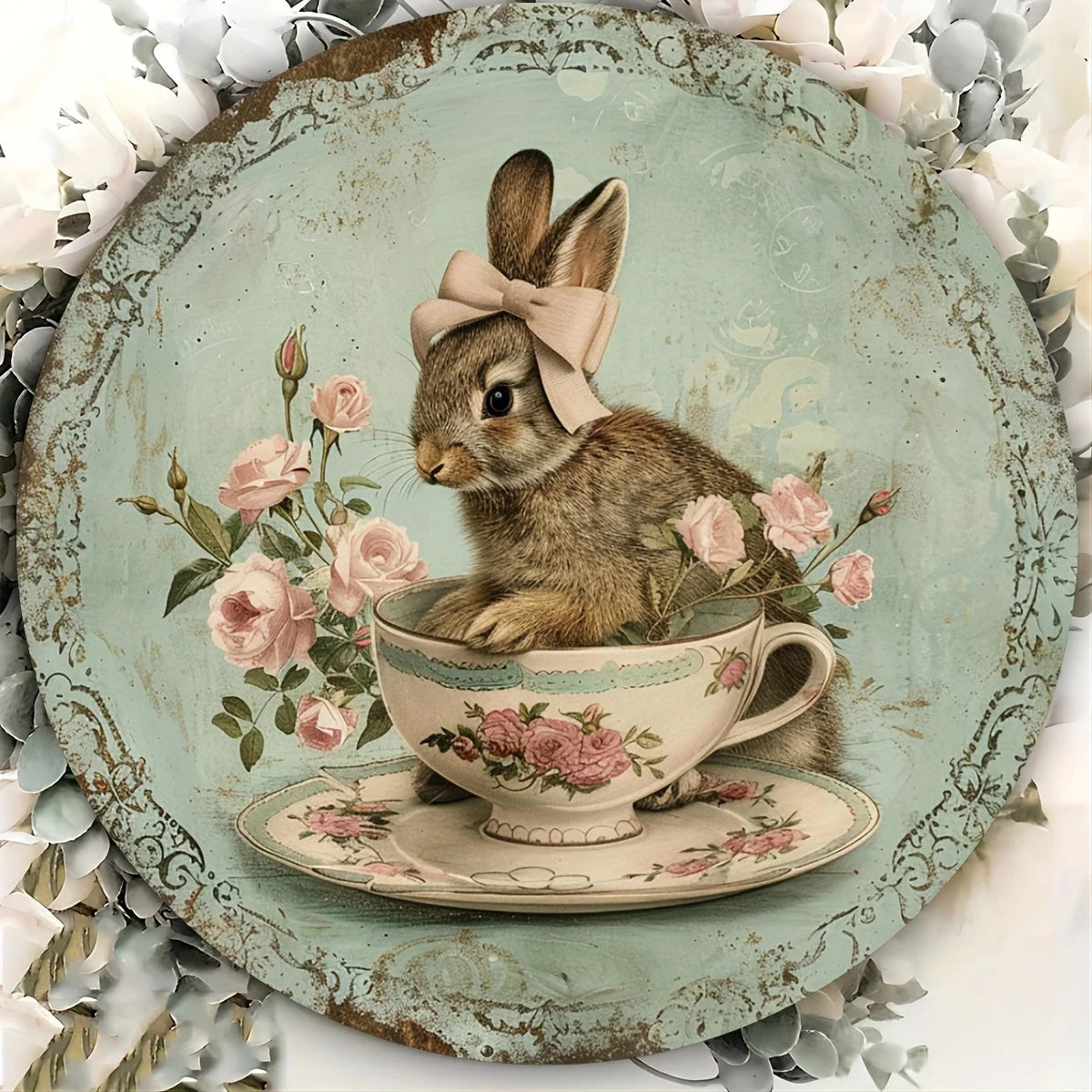 assiette vintage lapin tasse fleurs roses décoration murale bois romantique