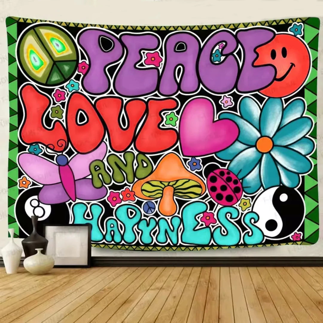 tapisserie multicolore pop art lettres stylisées symboles paix papillons fleurs chambre salon decoration années