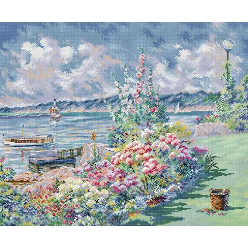 broderie paysage fleurs océan coton multicolore instructions toile imprimée kit artisanal hand made decoration