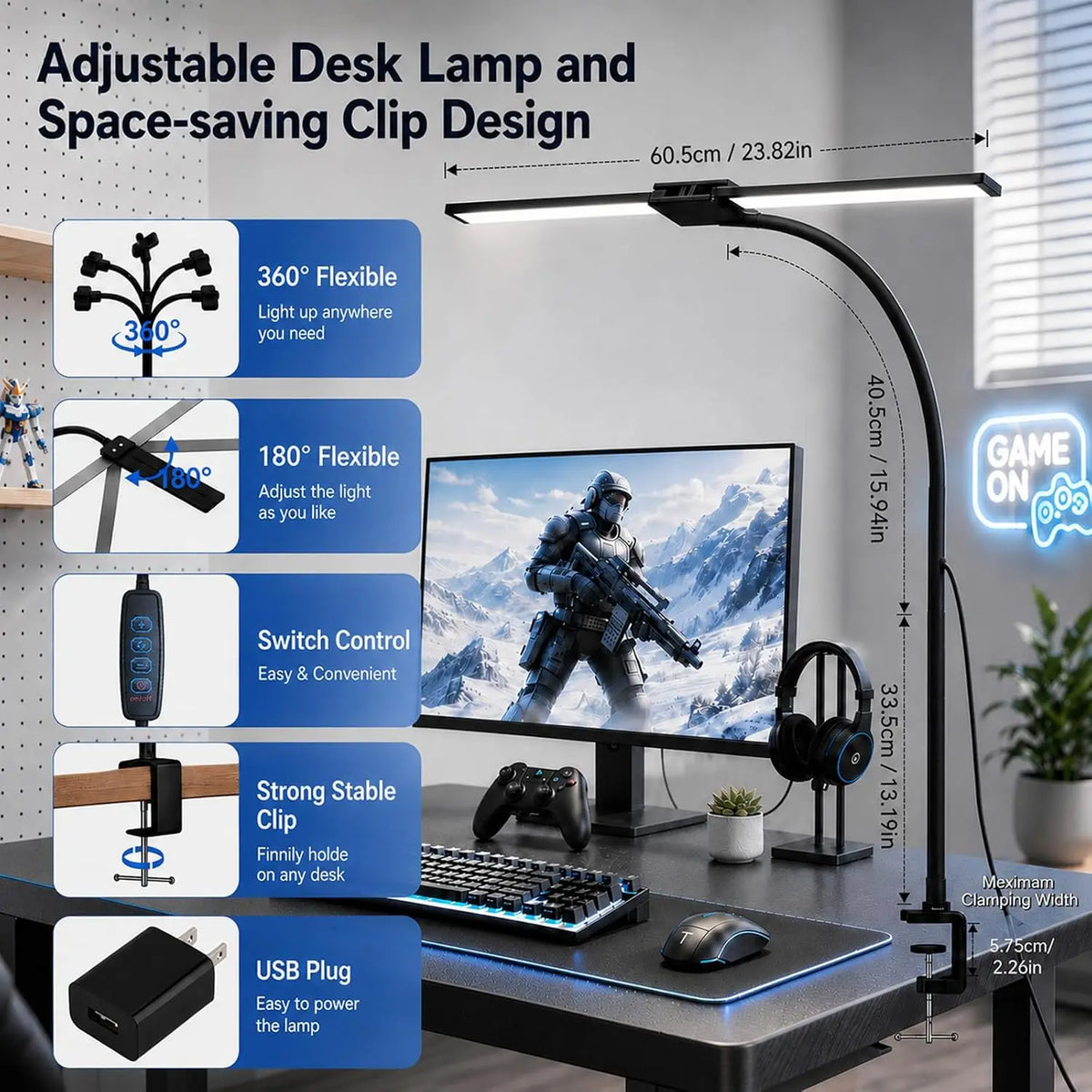 lampe led flexible double tête pince réglable modes couleur niveaux luminosité moderne protection yeux