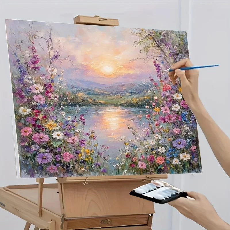 peinture l'huile paysage floral coucher soleil toile décorative diy multicolore