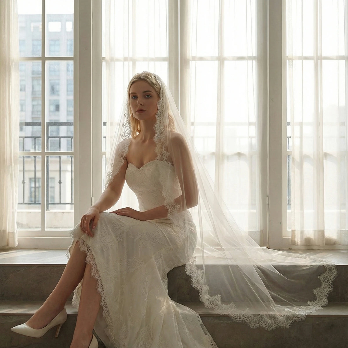 voile mariée blanc dentelle opaque élégant romantique femme occasion formelle classic ivory white black