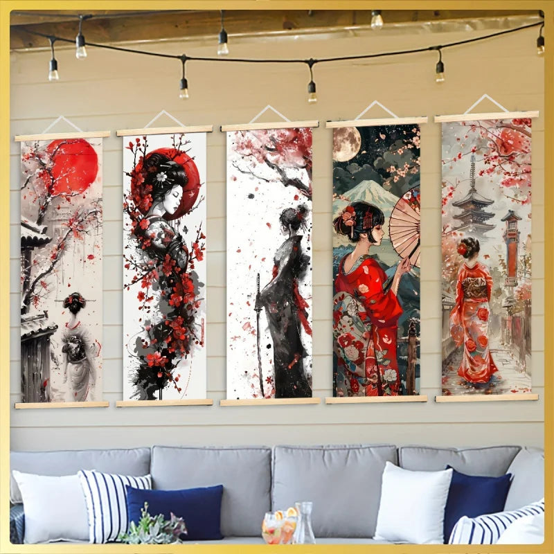 toile d'art japonaise contemporaine peinture abstraite fleurs cerisier cadre bois suspendue chambre salon