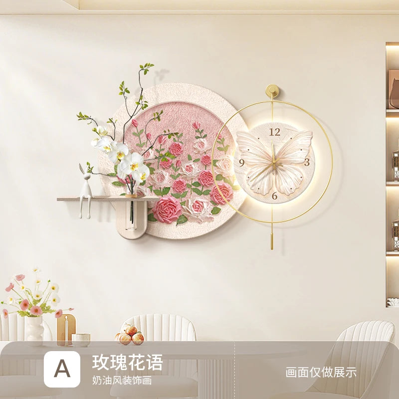 horloge murale moderne fleurs papillon rose blanc doré