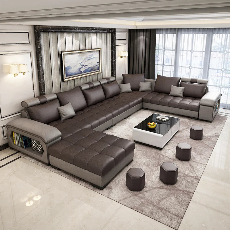 canapé d'angle forme cuir véritable coussins abstraits moderne salon gris noir beige