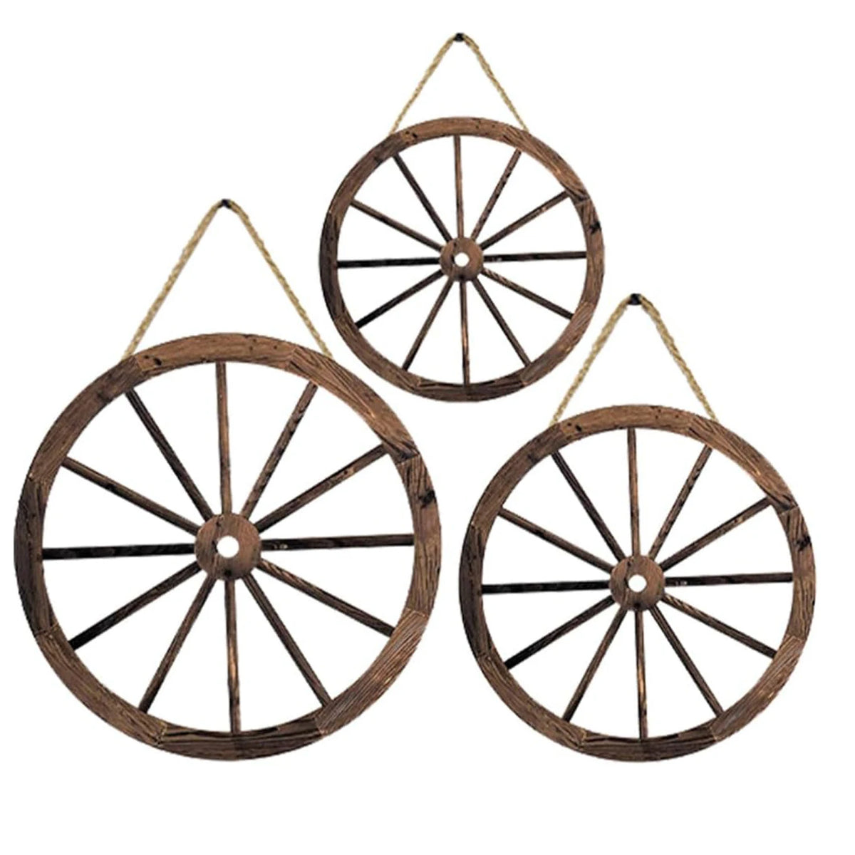 décoration rustique vintage roue chariot bois brun lignes noires métalliques suspension jardin festive western
