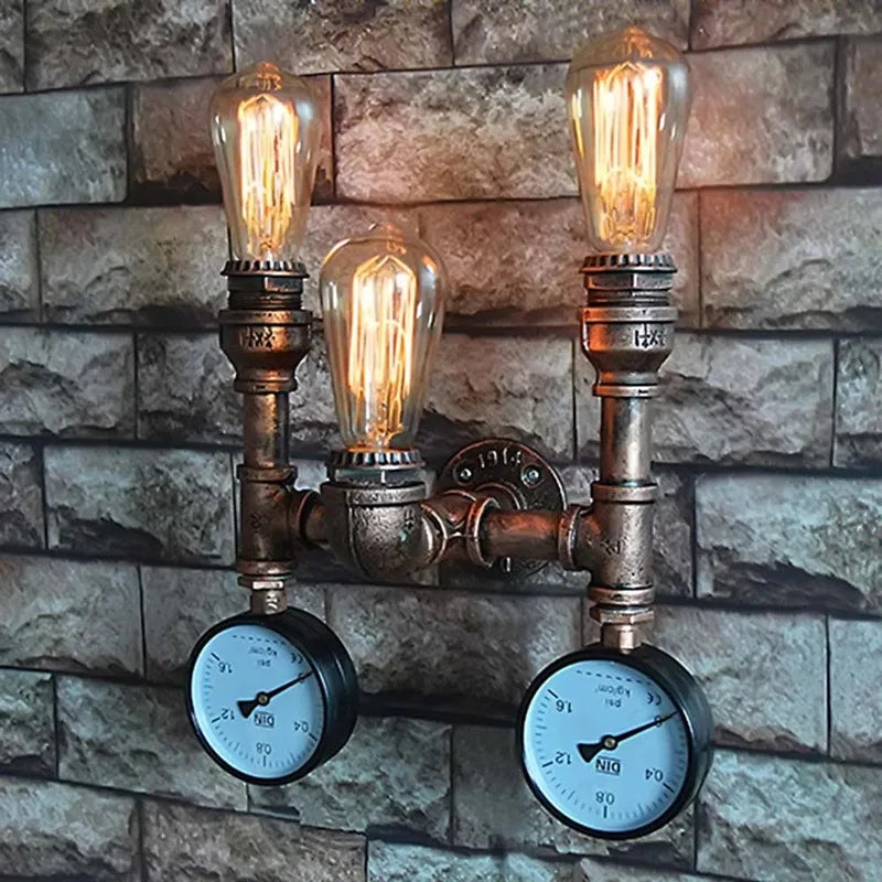 lampe murale industrielle vintage noir cuivre blanc tuyaux ampoules filament vis fixations engrenages chambre