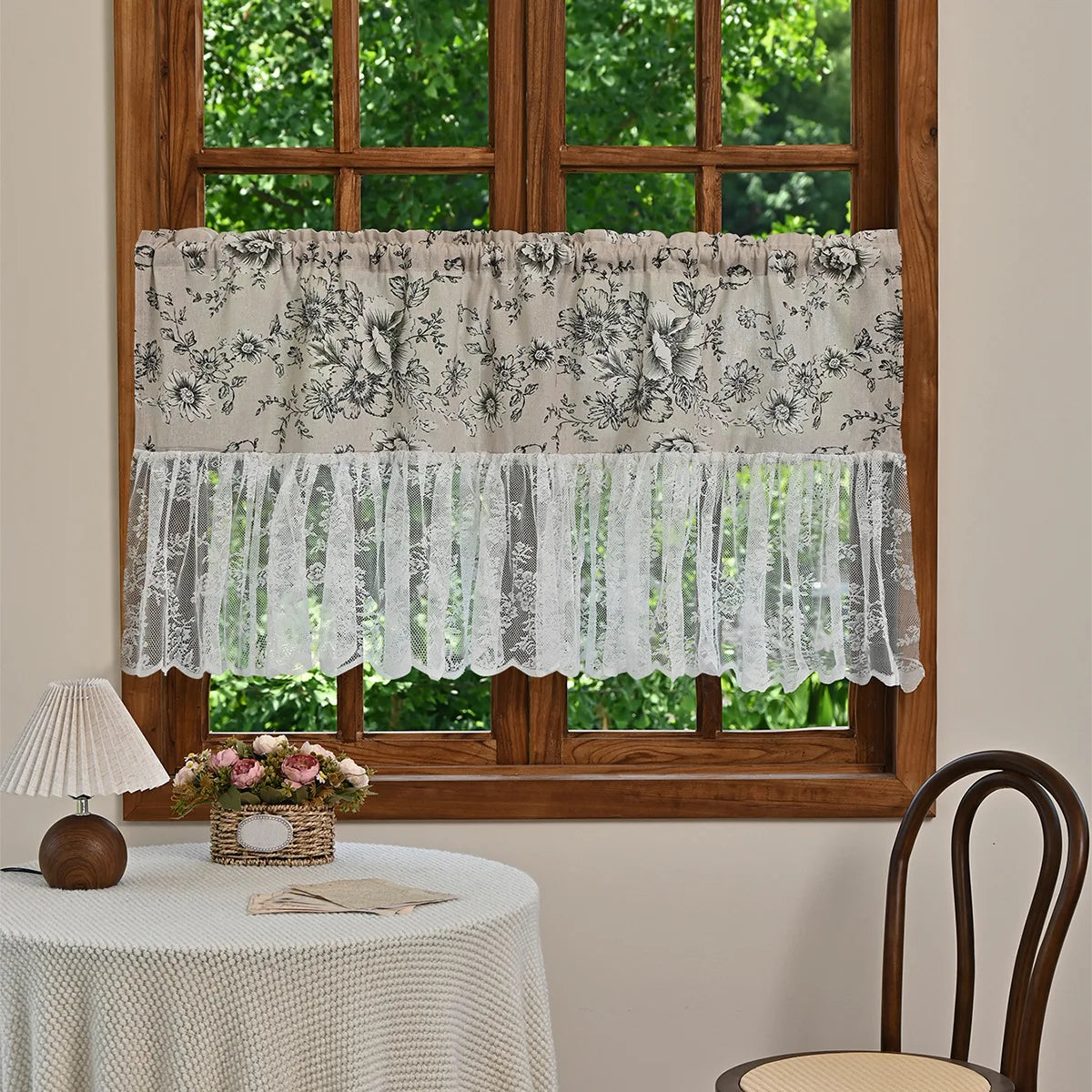 rideau fenêtre vert clair fleurs dentelle vintage taille 140x50cm polyester translucide