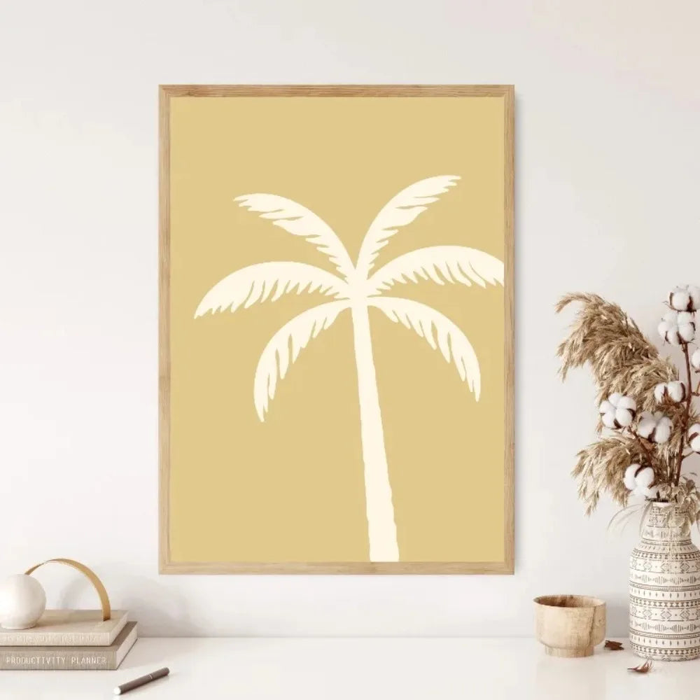 affiche toile minimaliste surf palmier soleil blanche bleu clair moderne cadre bois chambre salon