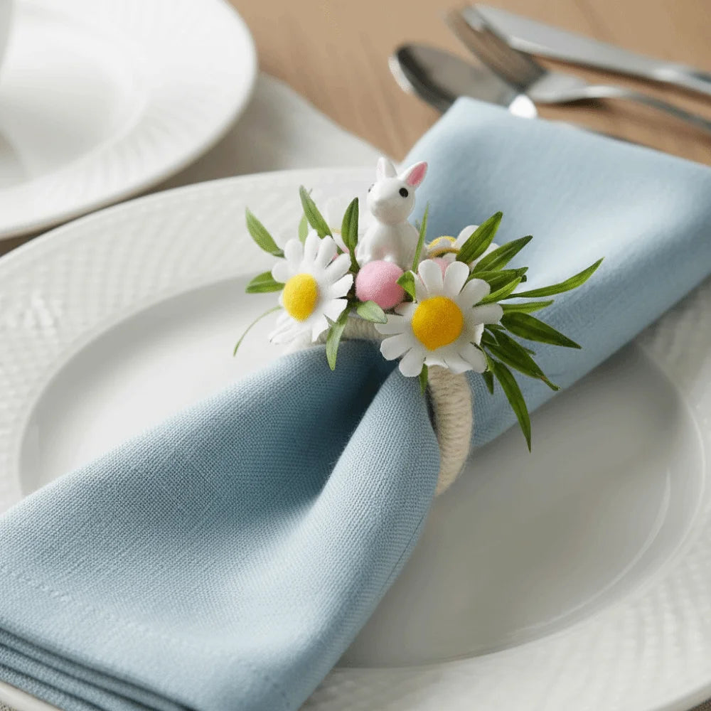 anneau serviettes pâques fleurs pissenlit oreilles lapin printemps décoratif blanc vert jaune rose