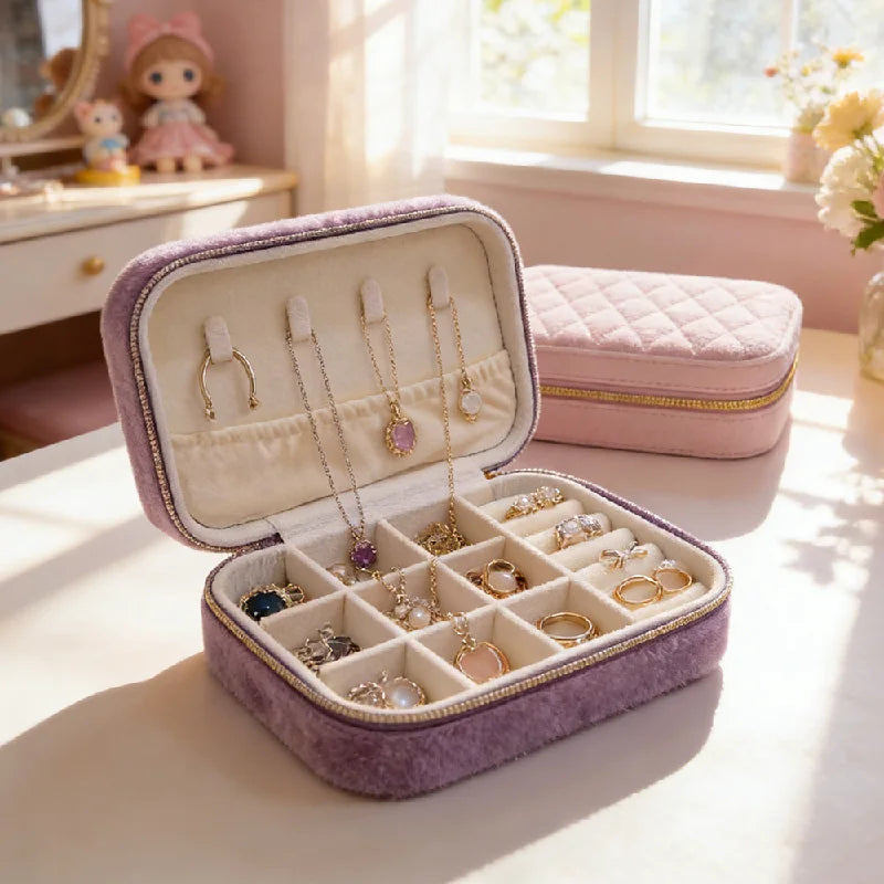 boîte bijoux velours violet gris rose verte moderne élégante glissière compartiments multiples rangement bijoux