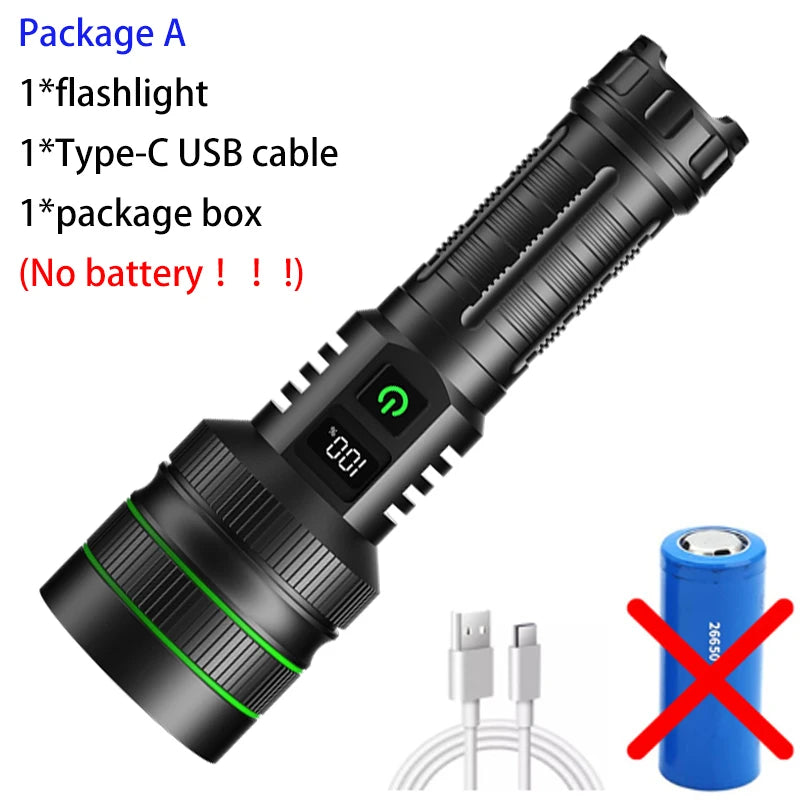 lampe torche led rechargeable zoomable camping chasse haute puissance résistante autodéfense affichage numérique cordon