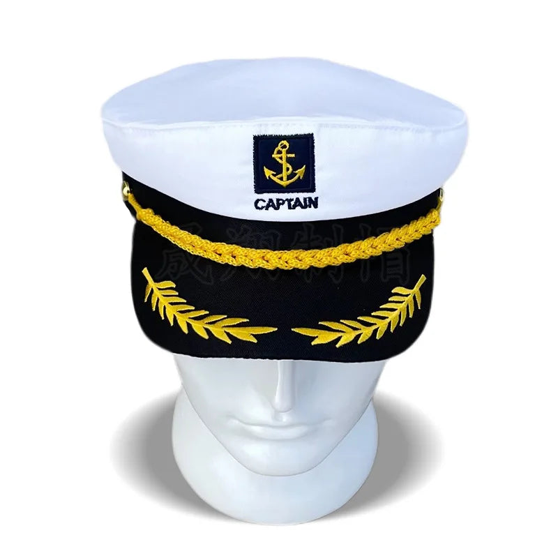 chapeau marin brodé ancre captain feuilles dorées ajustable noir blanc anniversaire mariage fête