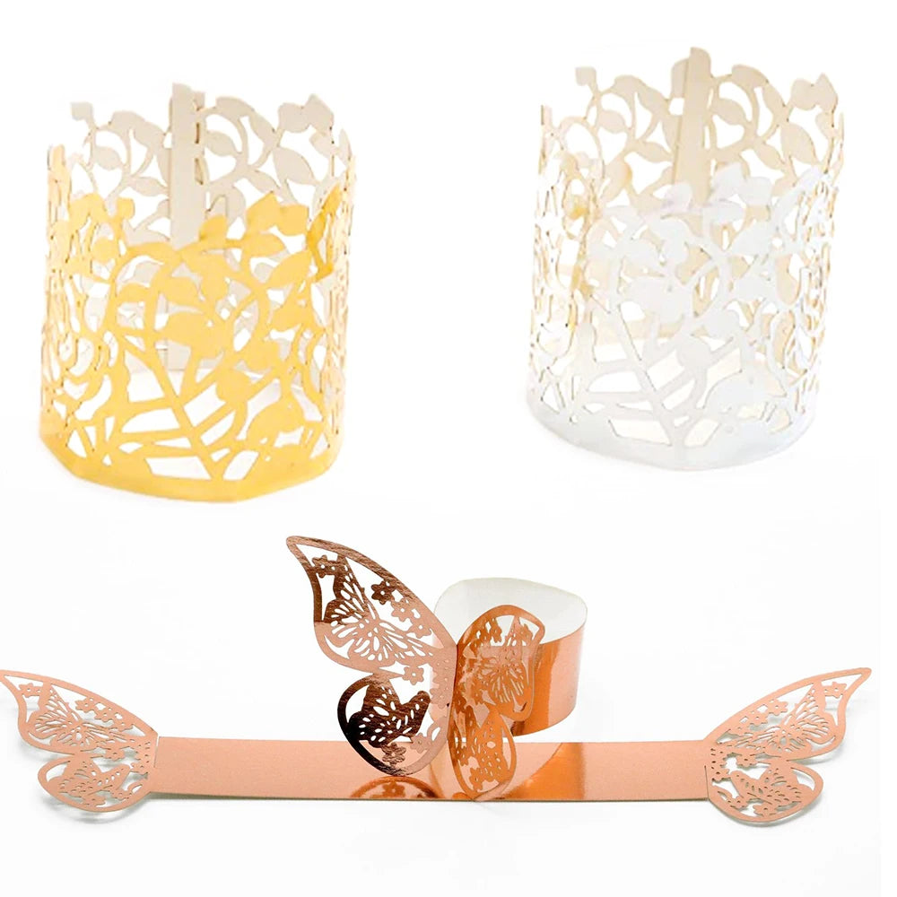 serviettes enroulées papillon or élégantes adhésives ajourées bois respectueux environnement pack 10 pièces