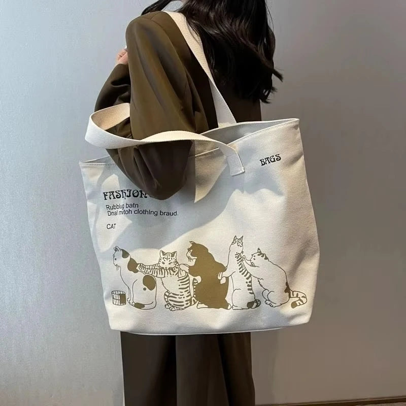 sac main femme toile imprimé chats marron clair poche zippée poche intérieure moderne casual