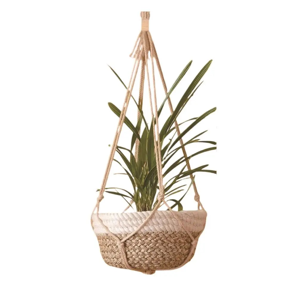 panier suspendu boho tissé motifs géométriques couleur beige vert anneaux métalliquesintérieur décoration jardin salon