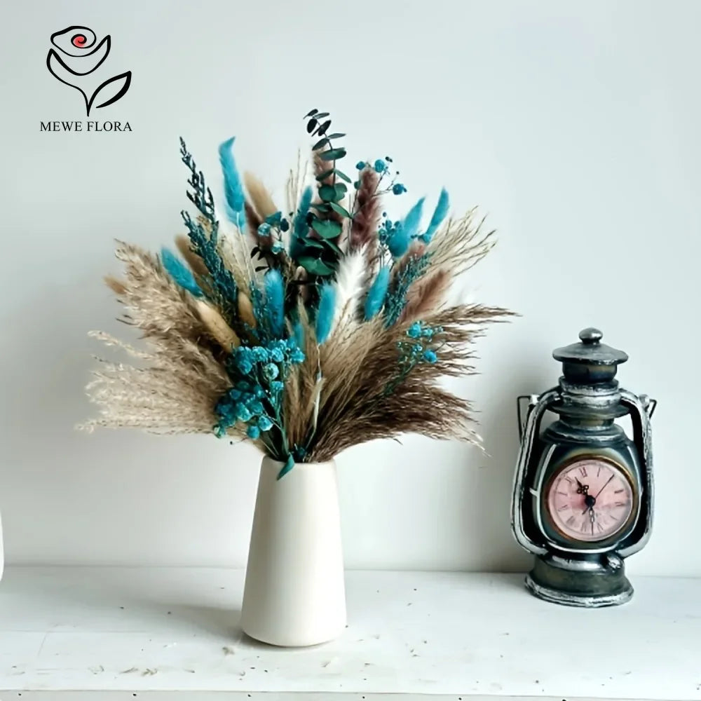 bouquet fleurs séchées naturel plumes feuilles vert bleu turquoise vase blanc décoration maison anniversaire