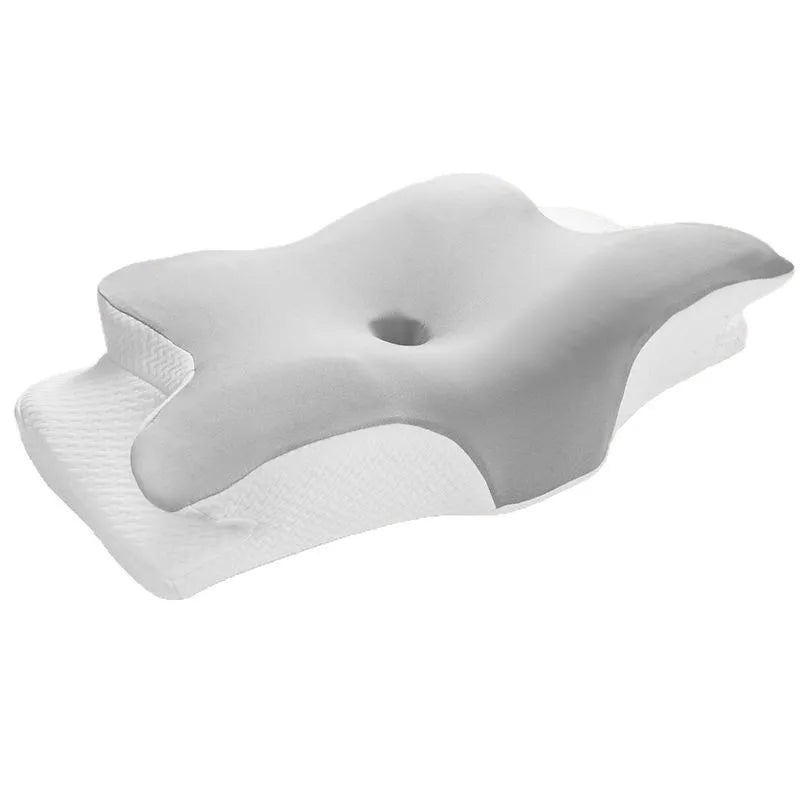 oreiller mousse mémoire forme papillon gris blanc moderne ergonomique doux massage voyage
