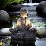 statue bouddha résine zen jardin extérieur flammes méditation lotus spiritualité