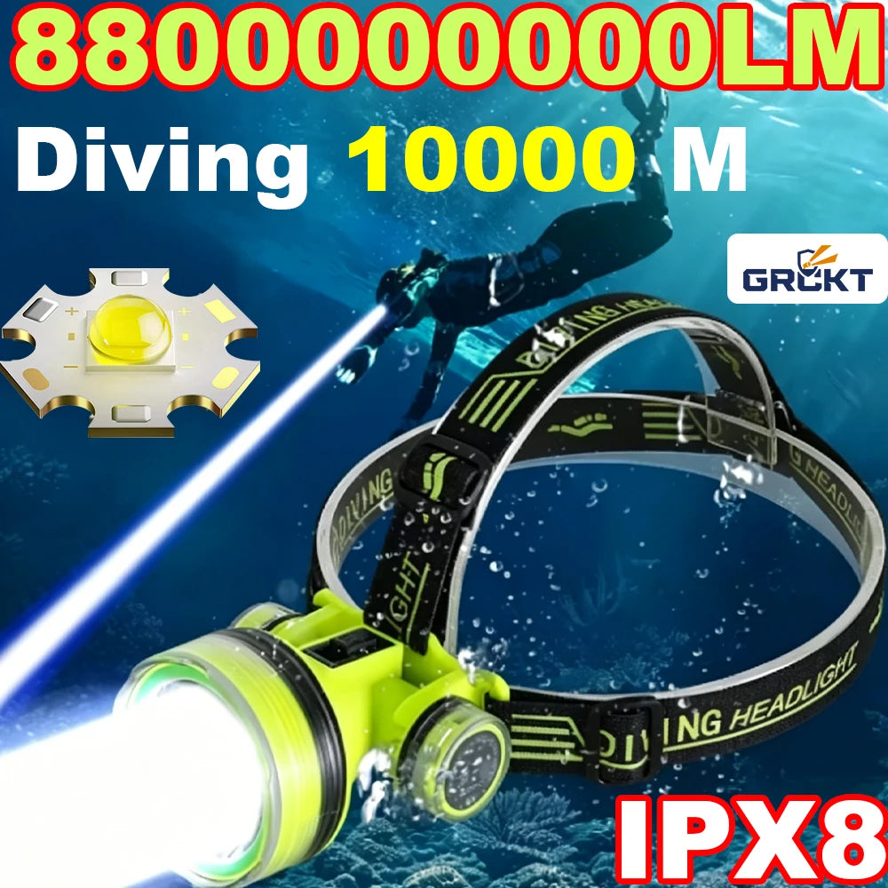 lampe frontale plongée sous marine led vert noir étanche ipx8 rechargeable 180deg