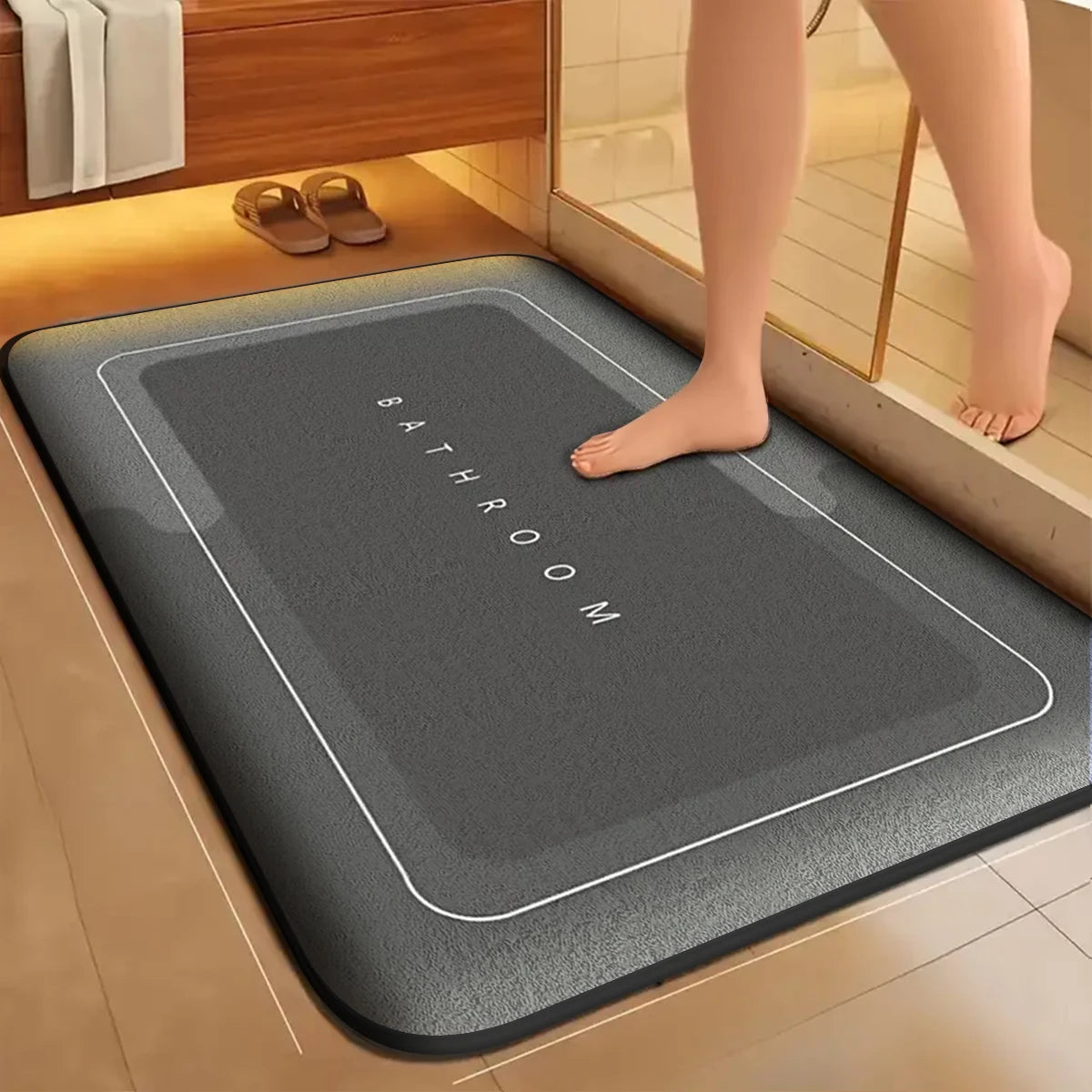 tapis bain polyester gris motif géométrique adhésif doux moderne rapide absorbant