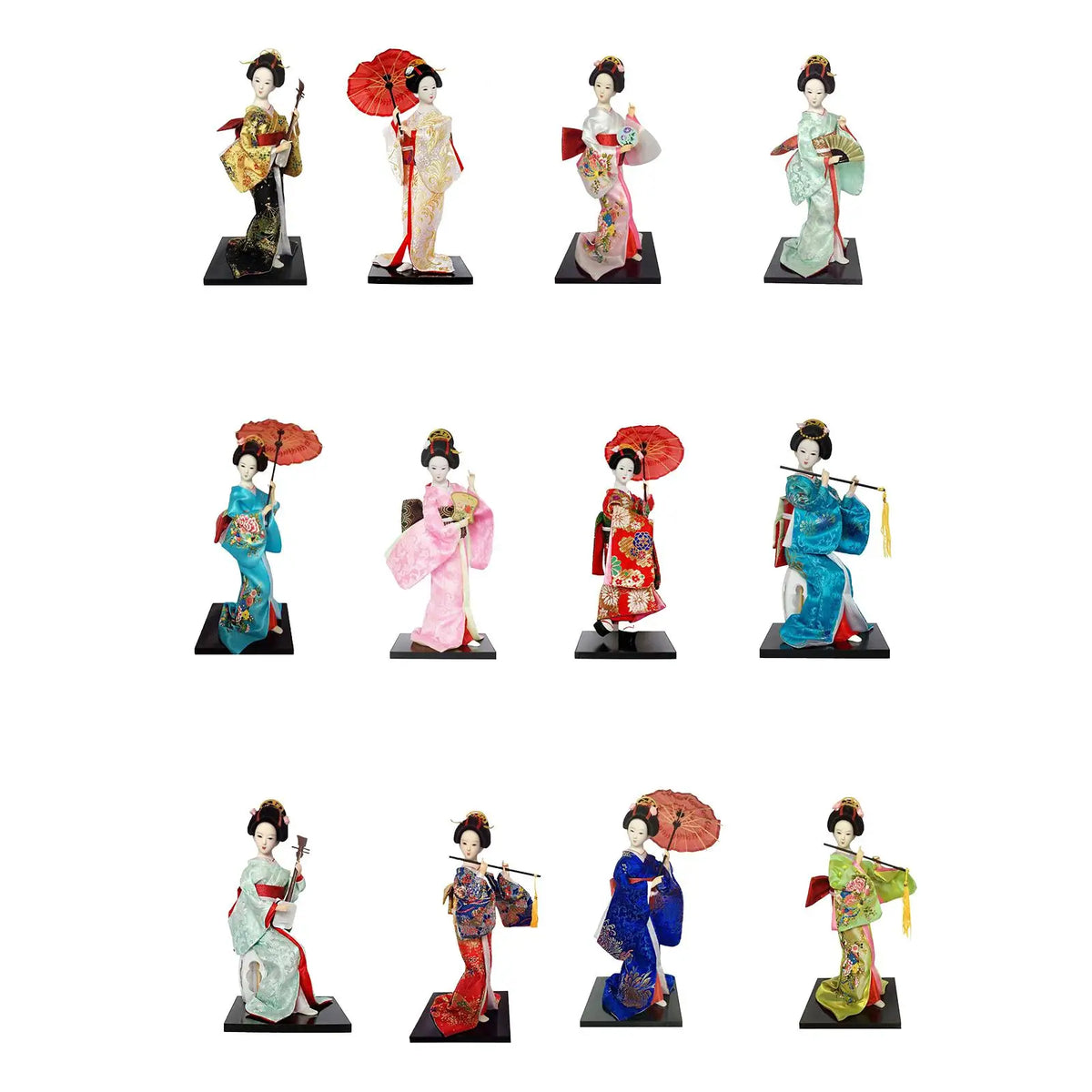 poupée japonaise geisha argile broderie florale motifs géométriques accessoires traditionnels blanc rouge vert bleu