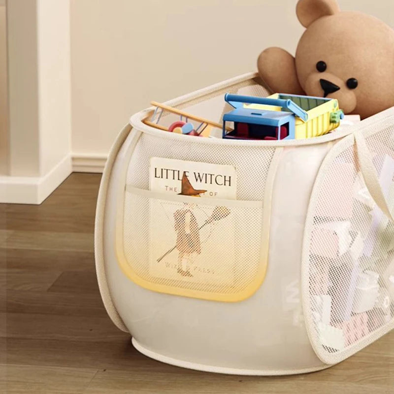 panier rangement pliable tissu polyestère beige clair maille moderne jouets rangement