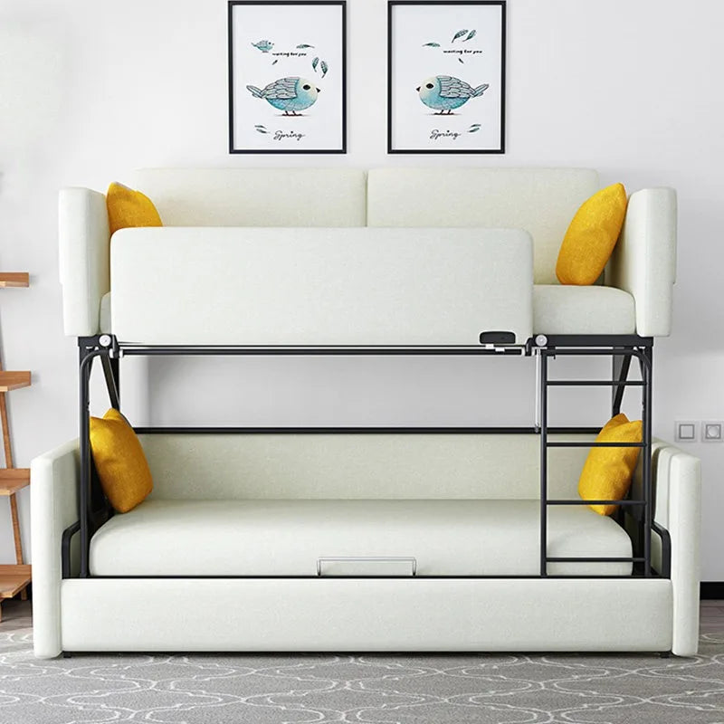 lit superposé convertible canapé moderne gris beige bleu turquoise blanc tissu uni oreillers coussins