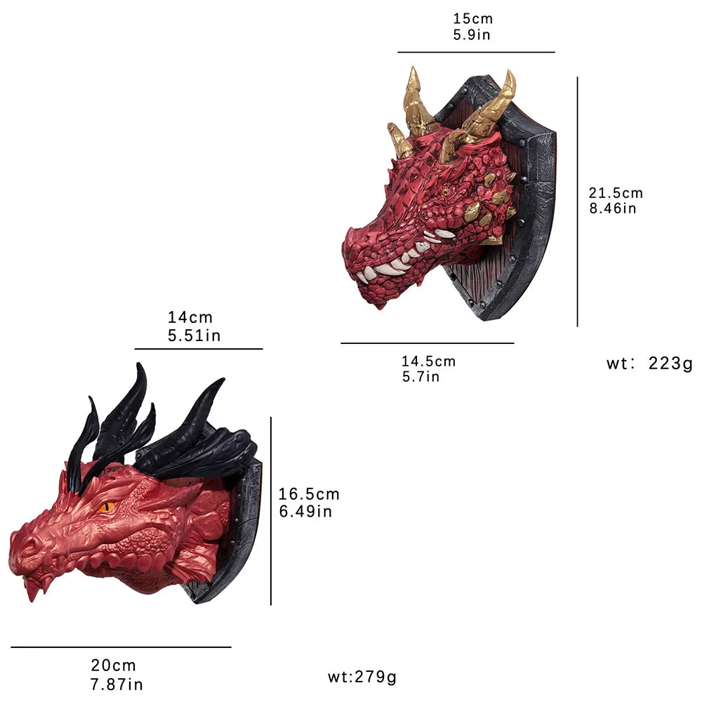 décoration murale tête dragon bouclier rouge or noir médiéval fantastique écailles détaillées rivets métalliques