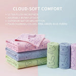 serviette bain polyester rapide motif lapins mignons couleurs violet rose vert bleu doux moderne