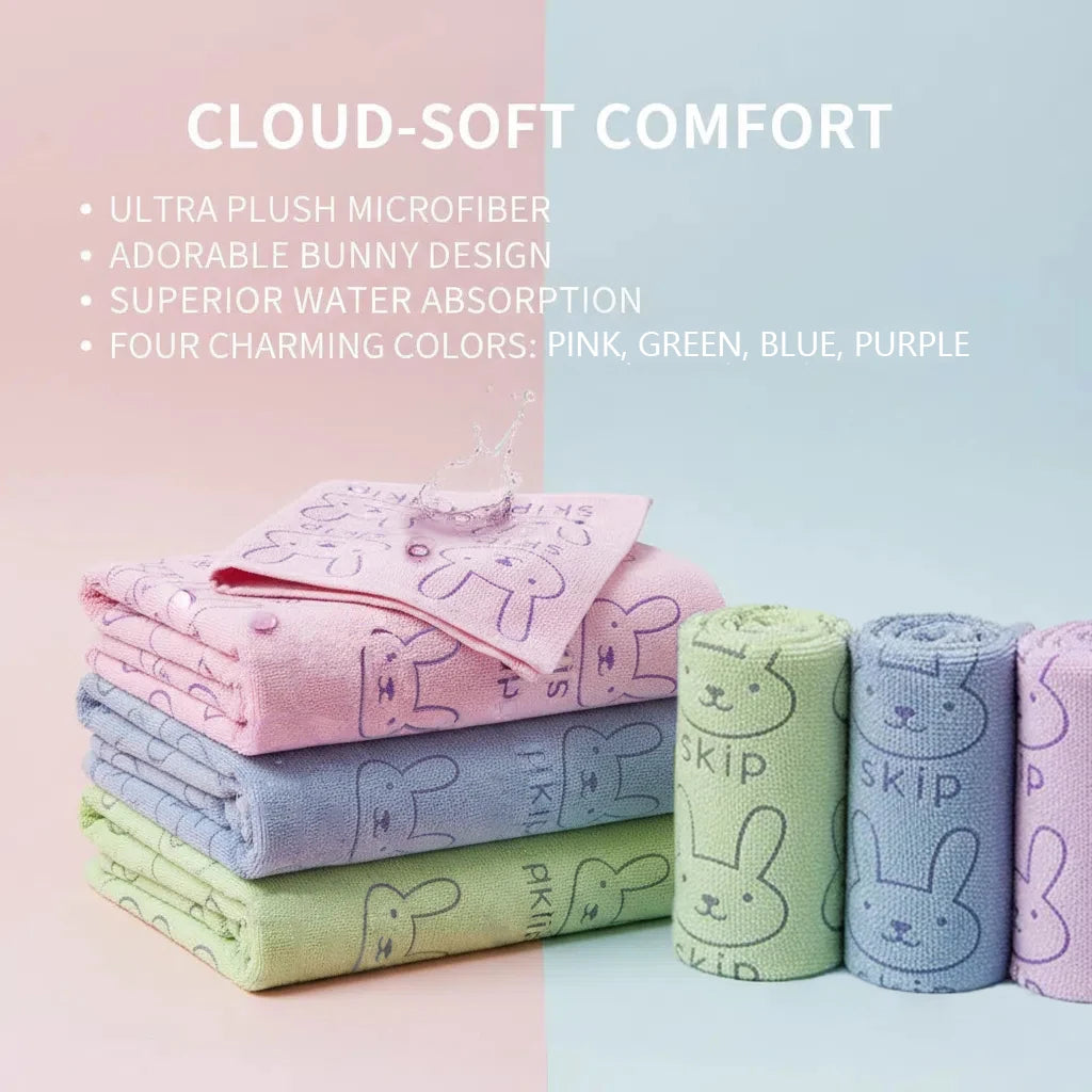 serviette bain polyester rapide motif lapins mignons couleurs violet rose vert bleu doux moderne