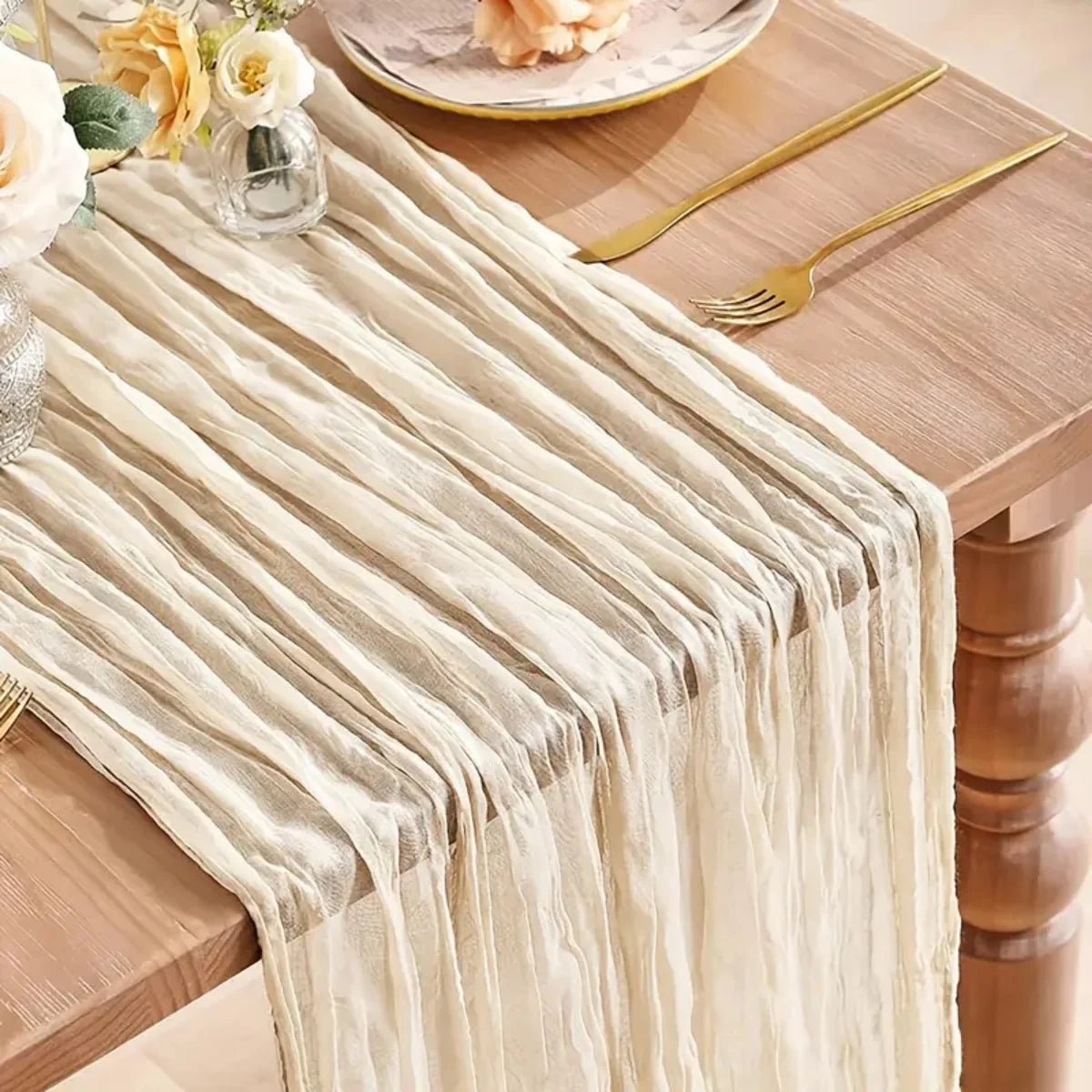 table cheminement plissé beige rustique opacité table manger decor anniversaire mariage lin