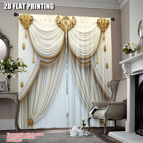 rideau blanc imprimé motifs dorés franges classique 140cm 240cm opaques salon chambre