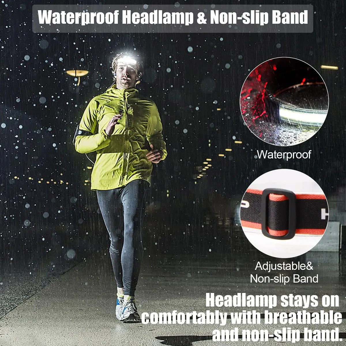 lampe frontale rechargeable led rouge noire texture bois élastique ajustable camping pêche