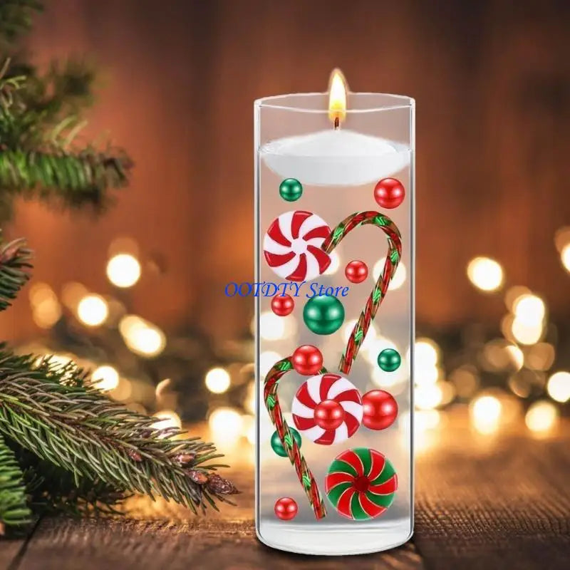 bougies flottantes noel transparentes cannes sucre boules rouges vertes blanches