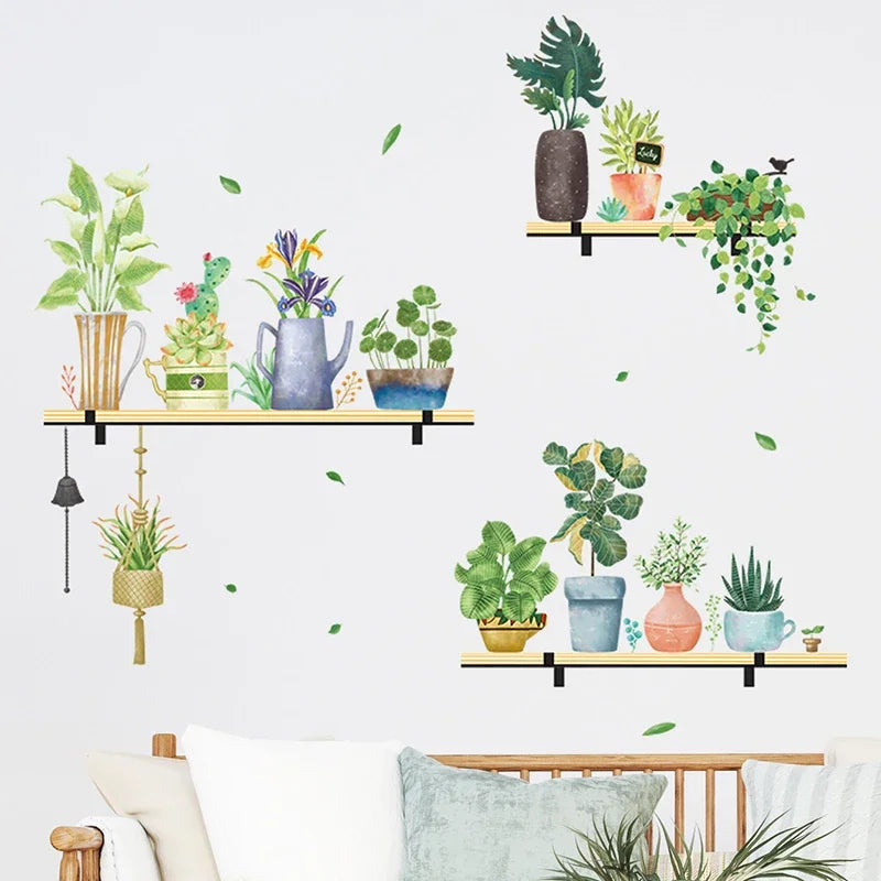 sticker mural plante verte bleue pots jardin adhésif réversible moderne chambre enfants