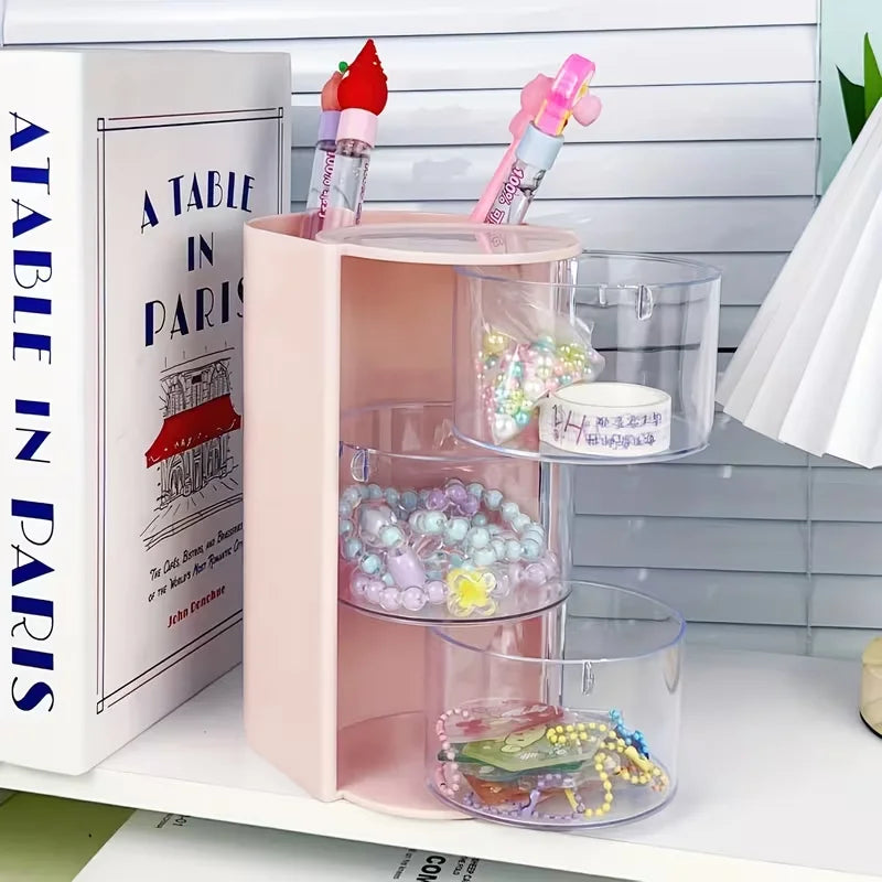 rangement rotatif blanc rose pâle transparent moderne accessoires capillaires brosse poudre rubans élastiques minimaliste