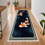 tapis sol antidérapant polyester fleurs lotus carpes koï bleu foncé doré oriental moderne