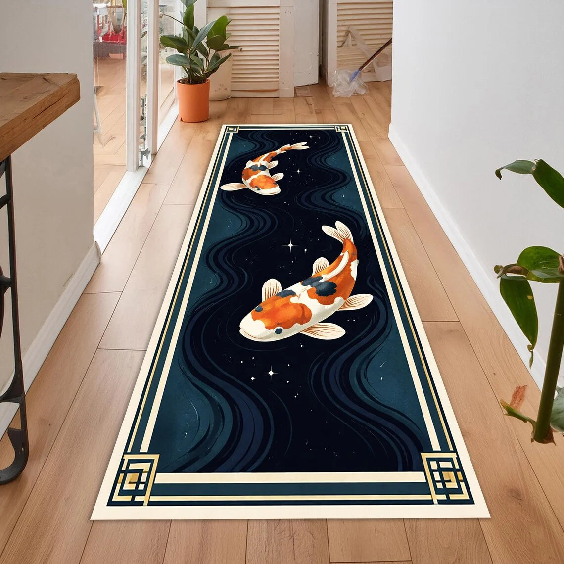 tapis sol antidérapant polyester fleurs lotus carpes koï bleu foncé doré oriental moderne
