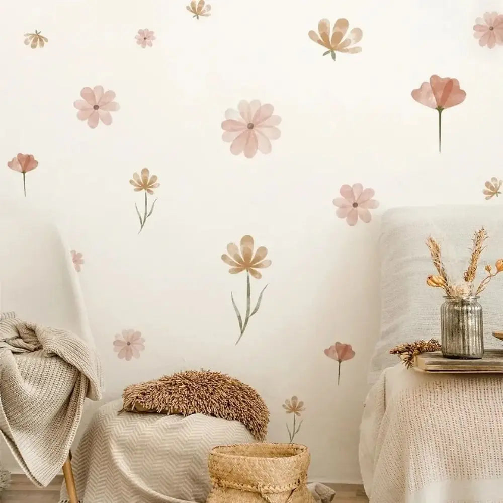 stickers muraux fleurs modernes minimalistes adhésifs rose clair beige vert violet blanc