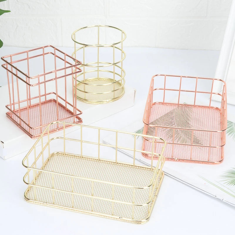 paniers rangement métal or rose gold maille fine moderne minimaliste respectueux environnement multifonctionnels