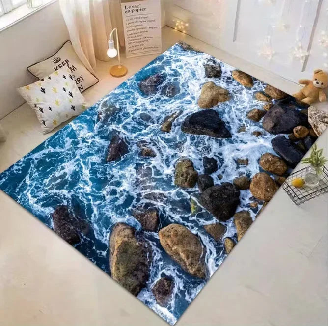 tapis moderne 3d roches eau bleu gris blanc noir salon chambre salle bain