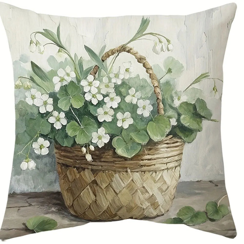 taies d'oreiller fleur motif floral printemps couleur vert blanc rustique naturel décoration intérieure coussins