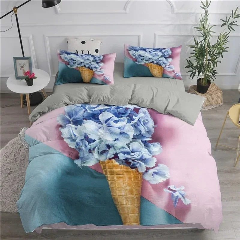 Détail de l'impression 3D fleur de crème glacée sur la housse de couette