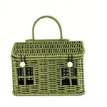 panier rangement osier motif maison fenêtres porte vintage bleu vert rose marron beige poignée